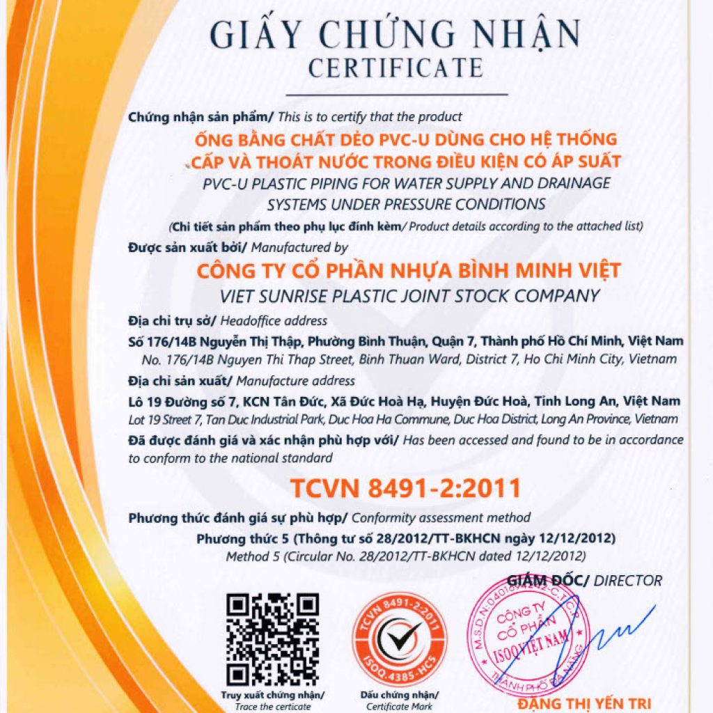 1728027508186 de6b5a90 bce4 4180 adde bf486176a68a 1 1 - Announcement: BINH MINH VIET PLASTIC JOINT STOCK COMPANY Achieves Certification TCVN 8491-2:2011 and TCVN 8491-3:2011 - Công ty cổ phần Nhựa Bình Minh Việt