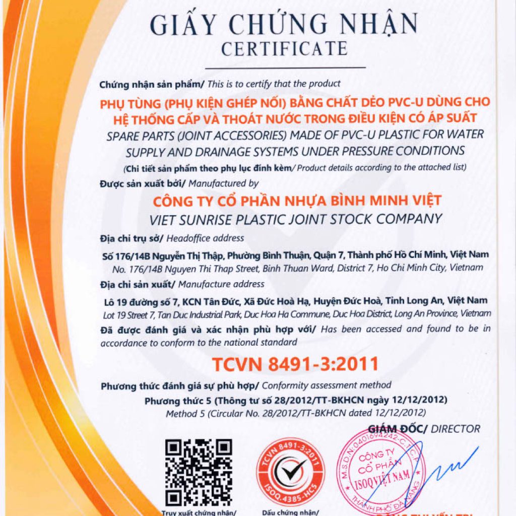 1728027508186 de6b5a90 bce4 4180 adde bf486176a68a 2 - Announcement: BINH MINH VIET PLASTIC JOINT STOCK COMPANY Achieves Certification TCVN 8491-2:2011 and TCVN 8491-3:2011 - Công ty cổ phần Nhựa Bình Minh Việt