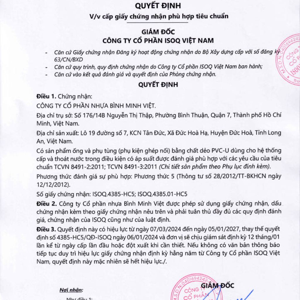 1728027508186 de6b5a90 bce4 4180 adde bf486176a68a 3 - Announcement: BINH MINH VIET PLASTIC JOINT STOCK COMPANY Achieves Certification TCVN 8491-2:2011 and TCVN 8491-3:2011 - Công ty cổ phần Nhựa Bình Minh Việt